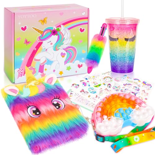 Pinkgarden Einhorn Tagebuch Set, Plüsch Tagebuch Set mit Wasserbecher, Kugelschreiber, Regenbogentasche & 6 Aufkleber - Geschenk für Mädchen im Alter von 6-12 Jahren von Pinkgarden