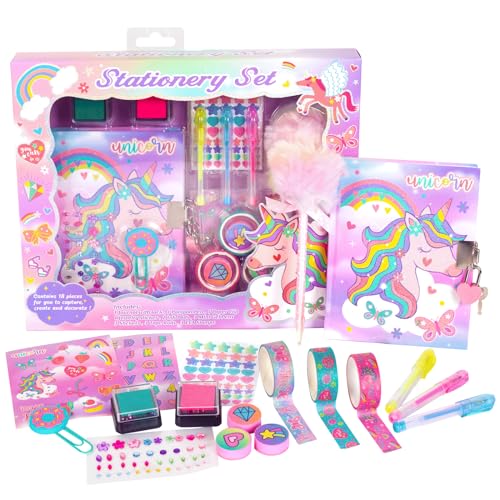 Pinkgarden Einhorn-Tagebuch Satz für Mädchen, Einhorn-Schreibset mit Tagebuch, Pompon-Stift, Stempeln, Aufklebern & mehr Mädchen im Alter von 4-12 Jahren von Pinkgarden