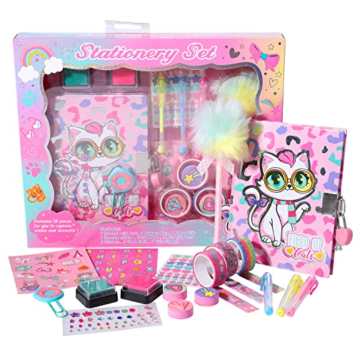 Pinkgarden Katze Tagebuch für Mädchen mit Schloss und Schlüssel, Katze Briefpapier Set mit Tagebuch, Stempel, Aufkleber, Stifte, Journal Notebook Geschenk für Mädchen Kinder im Alter von 4-12 von Pinkgarden