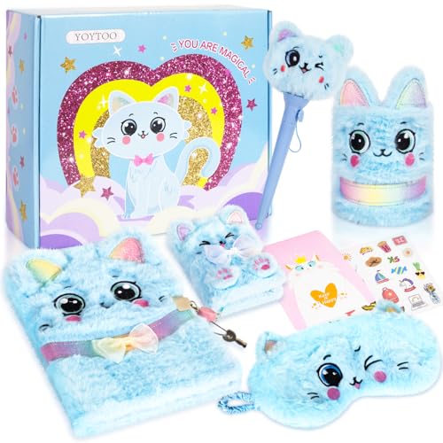 Pinkgarden Katzen Tagebuch Set, Plüsch Journal Notizbuch Set mit Stifthalter, Kugelschreiber, Augenmaske & Aufkleber - Geschenk für Kinder von 6-12 Jahren von Pinkgarden