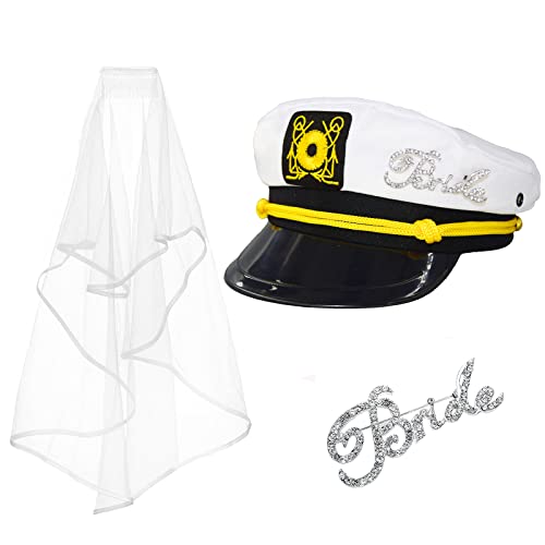 Braut-Kapitänshut mit Anstecknadel und Hochzeitsschleier-Kits, nautischer Bachelorette-Bootsparty-Hut, Brautparty, Geschenke, Kreuzfahrt-Kostüm von Pinsway