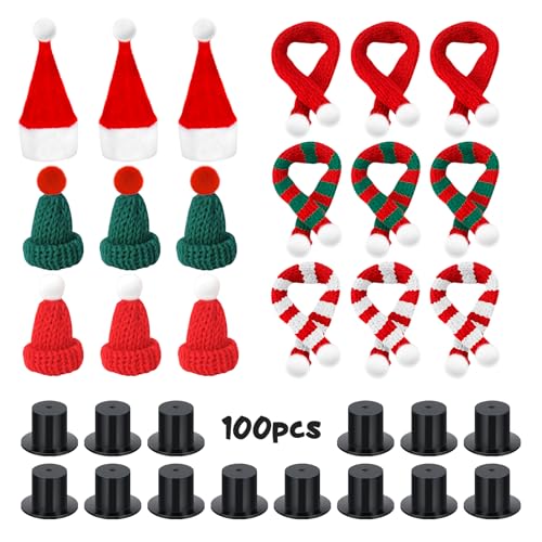 Pinyenr Mini Weihnachtsmütze und Schal Set，118pcs Weihnachtsmützen Mini Zylinder Nikolausmütze Glückswürmchen Sorgenwürmchen Zubehör Zylinder zum Basteln von Pinyenr