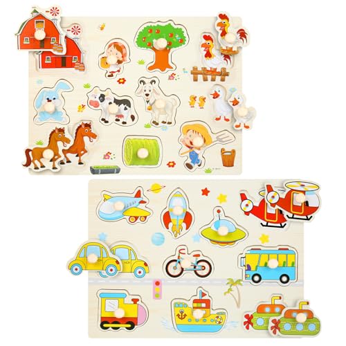 Puzzle ab 1 Jahr, 2PCS Holzpuzzle 1 Jahr Greifpuzzle Steckpuzzle mit Nutztiere und Fahrzeuge Baby Puzzle Steckspiel ab 1 Jahr von Pinyenr