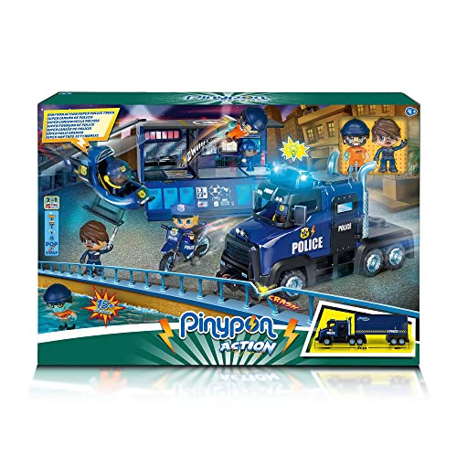 Pinypon Action - Super Polizeiauto, Spielzeugfahrzeug mit 3 in 1, Container und Spielbühne, 1 Motorrad, 1 Mini Hubschrauber, 2 Figuren, Polizei und Gefangene und Zubehör, Famosa (700017344) von Pinypon Action