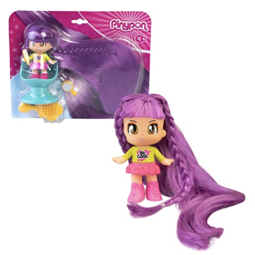 Pinypon - Super Mähne Lila Haar, Minifigur mit extra langem Haar, Puppe zum Frisieren, mit 1 Friseurstuhl und 3 Accessoires zum Spielen und Kämmen, ab 3 Jahren, Famosa (PNY32200) von Pinypon