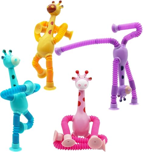 4 Stück Teleskop Saugnapf Giraffe Spielzeug, Saugnapf Spielzeug Kinder, Giraffen Pop Röhren Sensorik Spielzeug, Pop Tubes Stress Spielzeug Kinder Erwachsene, Giraffen Geschenke für Kinder von Pipihome