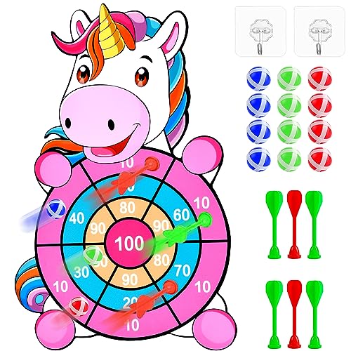 Einhorn Spielzeug für 4–9, 74cm Kinder Klett Dartscheibe mit 12 Klebrigen Bällen, Outdoor Spiele für Kinder Hängendes Dart Wurfspiel Sets, Einhorn Geschenke für Mädchen für 3–12 Jahre von Pipihome