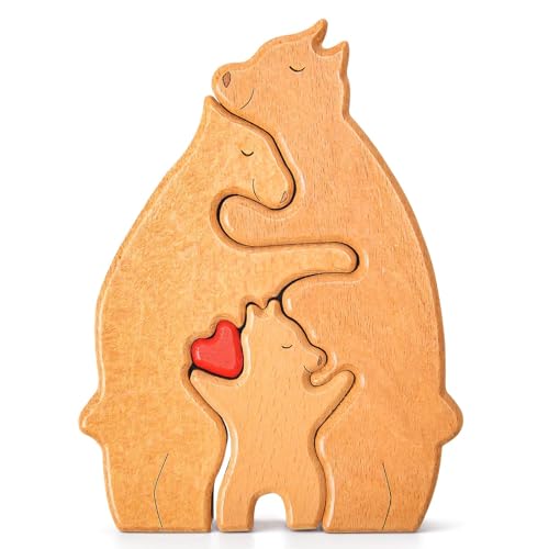 Familienpuzzle Bären Holzpuzzle, Bärenfamilie Kunstpuzzle aus Holz, Familienname Bär Herzpuzzle, Holzbärenskulpturen, Heimdekoration Geschenk für Familie (A) von Pipihome