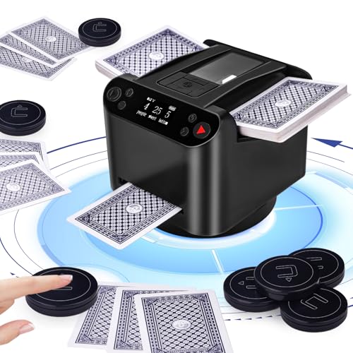 Kartenmischmaschine Elektrische, 2 in 1 Automatische Kartenmischer und Kartensender, um 360° Drehbarer Kartengeber mit 4 Kabellosen Kartengebertasten,Kartenmischgerät für UNO Kartenspiel,Poker,Skip bo von Pipihome