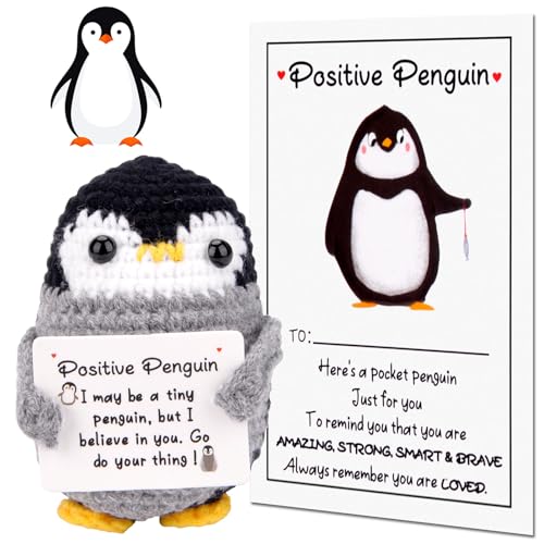 Mini Positive Pinguin, Süßes Gestricktes Pinguin Spielzeug mit Positive Karte, Pocket Hug Pinguin Geschenk, Glücksbringer, Abschiedsgeschenk Kollegen, Geschenke für Beste Freundin(C) von Pipihome