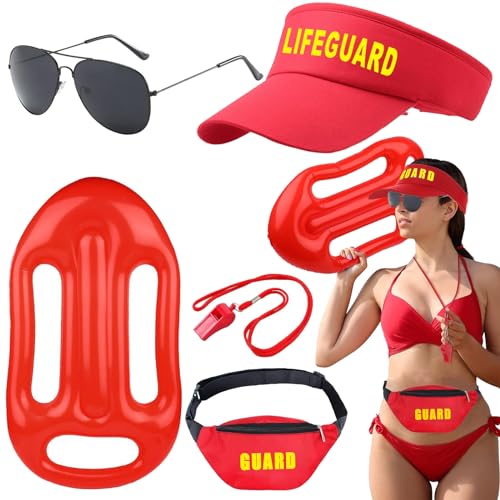 Pipihome Baywatch Kostüm, 5 in 1 Lifeguard Kostüm Badeanzug Boje, Rettungsring, Zubehör, Rot, Verstellbare Sonnenschutz Hut für Erwachsene Fasching Kostüm Karneval Herren & Damen von Pipihome