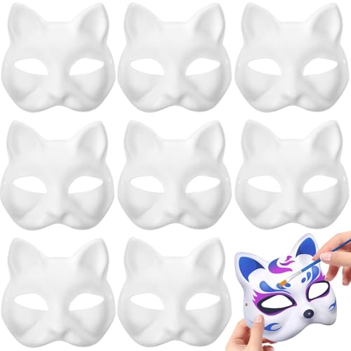 Pipihome 8 PCS Therianische Maske Katzenmaske, Japanischer Stil Anime Halb Gesicht Katzenmaske, DIY bemalte weiße Maske Tiermasken geeignet für Cosplay Halloween Maskerade Karneval Kostüm Party (A) von Pipihome