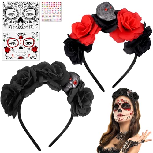 Pipihome Dia de Muertos Haarreif, Schwarzen Rosen & Totenkopf Deko Mexikanischer Feiertag, Kopfschmuck mit Gesicht Tattoos für Faschingskostüme, Halloween Kostüm, Karneval, Mottoparty (A) von Pipihome