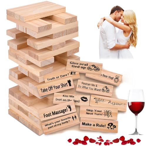 Naughty Block Tower Spiel Erwachsene, 48 Stück Holzblöcke Stack Spiele für Paare, Love & Naughty Spielturm Spiel, Adult Couple Games Date Night Board Games, Lustiges Valentinstag Paarspiel Geschenk von Pipihome