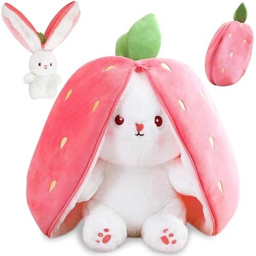 Pipihome Hasen Verstecken, Kuscheltier Hase, Osterhase Plüschtier, Erdbeeren Flip Bunny Plushie Spielzeug mit Reißverschluss, Ostern Geschenke für Kinder Erwachsene, Geburtstagsgeschenk für Mädchen von Pipihome