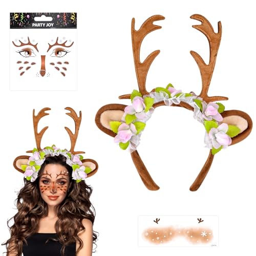 Pipihome Rentier Haarreifen Damen, Geweih Blumen Haarreif, Reh Haarreif mit Hirsch Gesichtstattoo, Geweih Ohren Haarreif, Mottoparty für Weihnachten Kostüme Zubehör Cosplay Karneval Party Maskerade von Pipihome