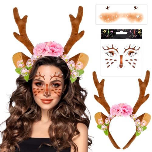 Pipihome Rentier Haarreifen Damen, Geweih Blumen Haarreif, Reh Haarreif mit Hirsch Gesichtstattoo, Geweih Ohren Haarreif, Mottoparty für Weihnachten Kostüme Zubehör Cosplay Karneval Party Maskerade von Pipihome