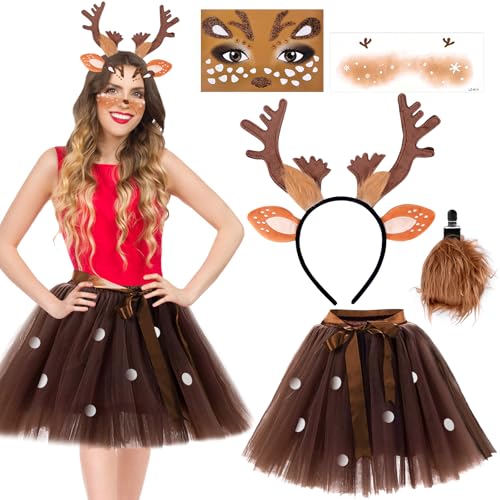 Pipihome Rentier Kostüm Damen, Rentier Haarreif Rentier Schwänze und Tüllrock Temporäre Tattoos Weihnachtskostüm Reh Kostüm Tierkostüm Erwachsene für Halloween Weihnachten Cosplay 5 Pcs von Pipihome