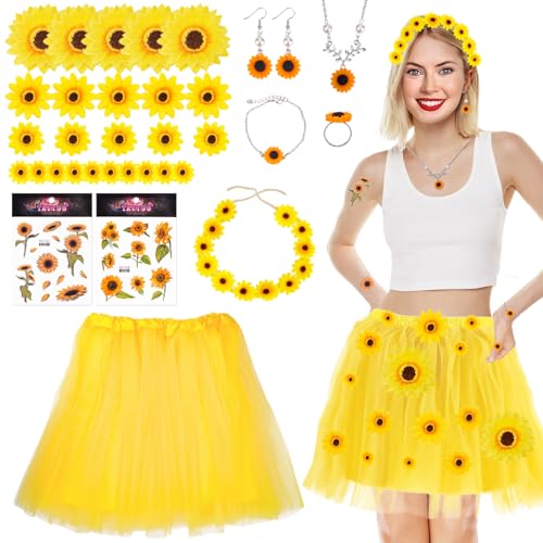 Sonnenblumen Kostüm Damen, Karneval Kostüm Damen Fasching,Tutu Tüllrock Sonnenblumen Haarschmuck, Sonnenblumen Ohrringe Halsketten, Sonnenblumen-Aufklebern, für faschingskostüme Damen Cosplay von Pipihome