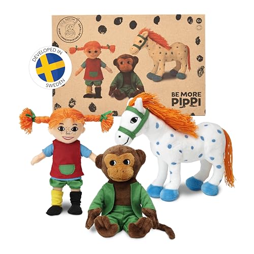 Pippi Langstrumpf Kuscheltier-Set - Mit Pippi Stoffpuppe (20 cm), Herr Nilsson AFFE Kuscheltier (16 cm) & Kleiner Onkel Kuscheltier Pferd (22 cm) - Offiziell lizenziert, Plüschtier klein für Kinder von Pippi Langstrumpf