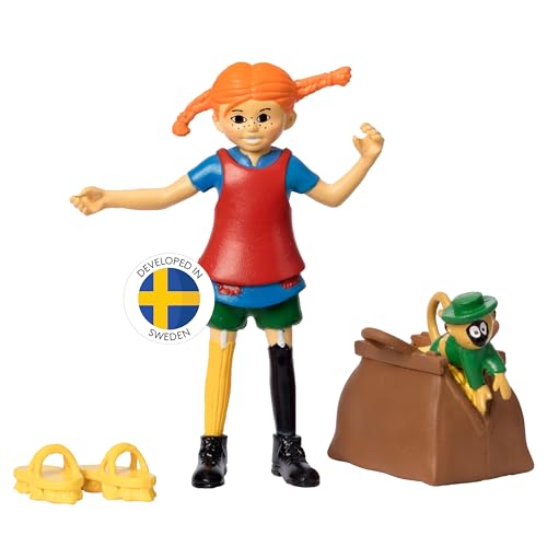 Pippi Langstrumpf Spielzeug Spielfiguren mit Pippi, Herr Nilsson Äffchen, Gold Koffer & Scheuerbürste Schuhe – Puppenhaus Zubehör Figuren Mädchen und Jungen ab 3 Jahren von Pippi Langstrumpf