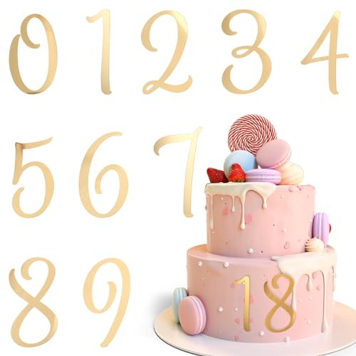 Piriuuo 10 Stück Zahlen Deko Torte, 0-9 Zahlen Kuchen Dekoration Goldene Zahlen-Kuchenaufkleber aus Acryl 10 cm Großer Kuchen Zahlenaufkleber für Geburtstage, Hochzeitstage, Jubiläumsfeiern von Piriuuo