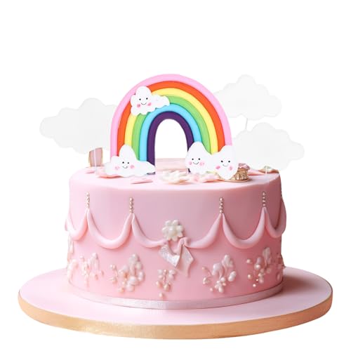 Piriuuo Regenbogen und Wolken Kuchen Topper Set, 1 Stück Extra Großer Regenbogen Tortendeko und 3 Stück Wolke Kuchendeko Wolke Regenbogen Cake Topper aus Polymerton für Jungen und Mädchen von Piriuuo