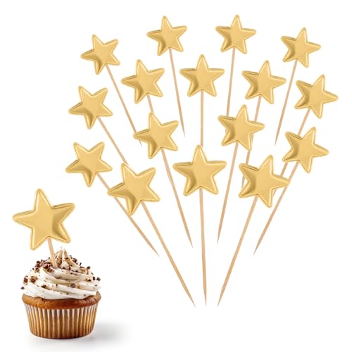 Piriuuo 50 Stück Star Cupcake Toppers, Muffin Dekoration Leder Reflektierend Glitter Tortendeko Gold Stern Glitzern Stern Tortendeko Verlobung Hochzeit Mini-Kuchenaufsätze für Geburtstag, Weihnachten von Piriuuo