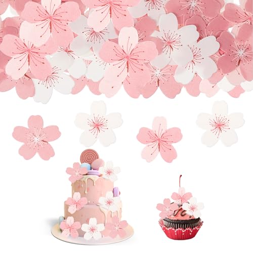 Piriuuo 60 Stück Essbare Blumen Cupcake Topper, Klebreispapier Kirschblüten Kuchendekorationen Blumen Party Kuchen Dekorationen Cupcake-Topper Kuchendekorationen für Hochzeit, Babyparty von Piriuuo