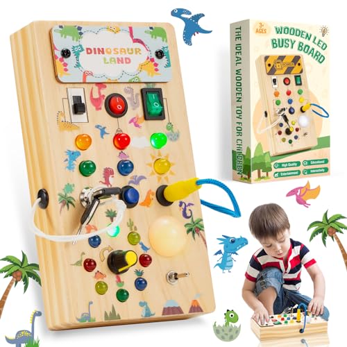 Busy Board Dino Montessori Busyboard Aktivityboard Baby Spielzeug Motoriktafel Lichtschalter LED Toddler Wooden Schalter Lernspielzeug Travel Toddler Sensory Toys Geschenk Jungen Mädchen ab 3 Jahre von Piuess