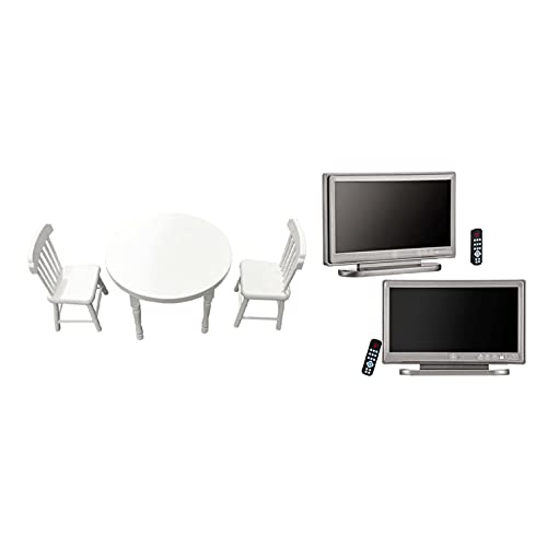 Piuusngy Miniatur-TV-Fernseher im Format 1:12 mit 3 weißen Holz-Esstisch mit 2 Stühlen, 2 Stück von Piuusngy