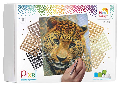 Pixel P090050 Mosaik Geschenkverpackung Leopard, Pixelbild ca. 30,5 x 38,1 cm groß, kinderleichtes Stecksystem, ohne Bügeln und Kleben, Steinchen aus Biokunststoff von Pracht Creatives Hobby