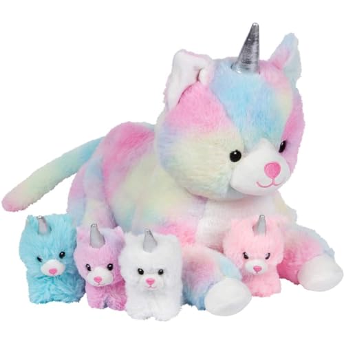 PixieCrush | Einhorn Stofftiere – Plüschtiere – Niedliches Squishy Kissen Spielzeug – Gefüllte Mama Einhorn Kitty Katze mit 4 Baby-Einhörnern – Geschenk Geschenk Tierkissen für Kinder, Mädchen und von PixieCrush