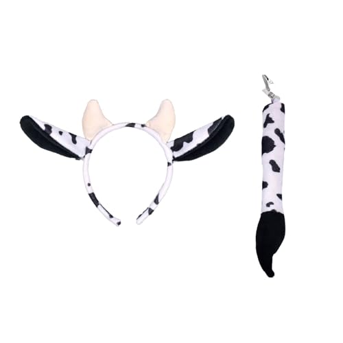 Pjeghbvop 2PCS Cartoon Kuh Ohr Form Haar Hoop Schwanz Plüsch Karneval Party Kopfschmuck Plüsch Haarband Rolle Spielen Schwanz Tiaras Unisex von Pjeghbvop