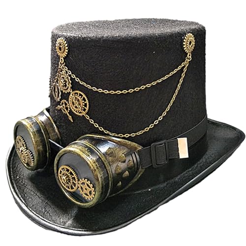 Pjeghbvop Gothic Viktorianischer Hut Steampunk Zylinder mit Brille Halloween Metall Gear Cosplay Zylinder für Halloween Karneval Party von Pjeghbvop