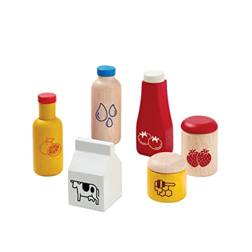 Great Gizmos PlanToys Essen & Getränke Set - Kinderküche Zubehör Holz - Kaufladen Zubehör Holz mit Orangensaftflasche, Wasserflasche, Milchkarton von PlanToys