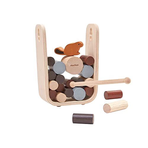 PlanToys Timber Tumble - mit Biber und Baumstämmen - Motorikspielzeug für Kinder aus Holz - Holzspielzeug ab 3 Jahre - Steckspiel für 1-4 Spieler von PlanToys