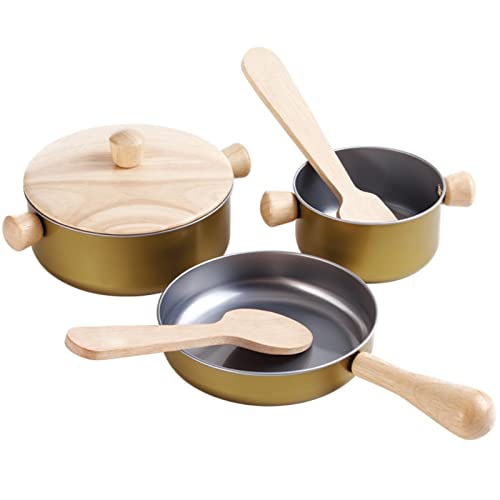 PlanToys Kochutensilien-Set - Kinderküche Zubehör aus Holz - Bratpfanne, Topf mit Deckel, Stieltopf, Pfannenwender und einen Löffel - ab 2 Jahre von PlanToys