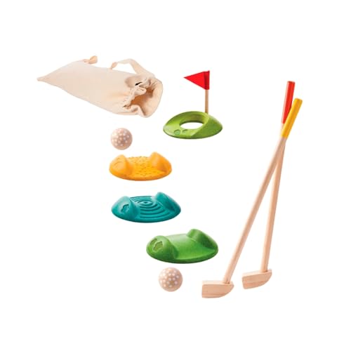 PlanToys Mini Golf Set - Komplettes Golfset für Kinder - 2 Golfschläger in Kindergröße, 2 Golfbälle, 3 Bahnen, Flagge und Loch, und Golftasche von PlanToys