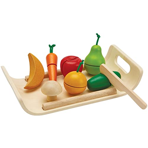 PlanToys Obst & Gemüse - Fruit Set Holz 10-teilig - Kinderküche Zubehör aus Holz - Früchte sind schneidbar mit Klettverschluss-System - Holzspielzeug von PlanToys