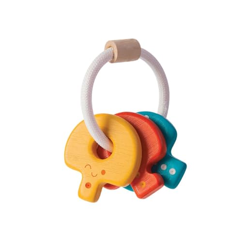 PlanToys Schlüsselrasseln Baby - Rassel und Beißring Baby - Greifling aus Holz - Babyspielzeug - Holzspielzeuge ab 4 Monaten - Helle Farben von PlanToys