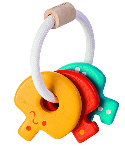 PlanToys Schlüsselrasseln Baby - Rassel und Beißring Baby - Greifling aus Holz - Babyspielzeug - Holzspielzeuge ab 4 Monaten - Helle Farben von PlanToys