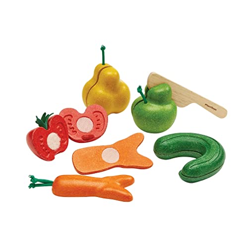 PlanToys Wonky Obst & Gemüse Set - Fruit Set 6-teilig - Kinderküche Zubehör aus Holz - Früchte sind schneidbar mit Klettverschluss-System von PlanToys