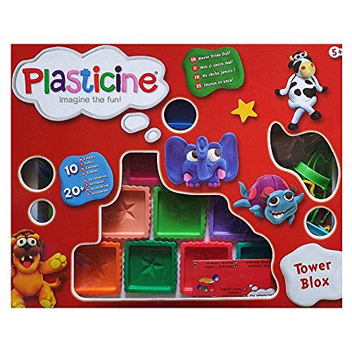 Plastilin Tower Blox, endloser Spaß und Kreativität mit nie trocknender Modelliermasse – 10 leuchtende Farben, komplettes Set für junge Künstler von Plasticine