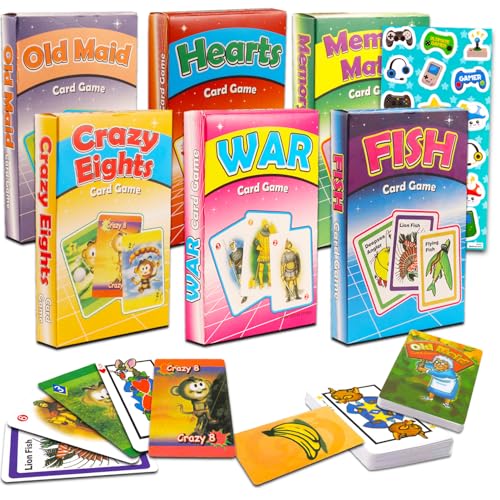 Klassisches Kartenspiel, 6 Stück für Kinder – Bündel mit Krieg, Alte Magd, Herzen, Memory Match, Go Fish, Crazy Eights Kartendecks für Jungen, Mädchen, Familie plus Aufkleber, Bulk-Kartenspiel-Set von Platinum Series