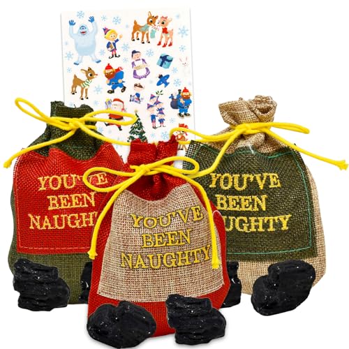 Platinum Series Naughty List Kohlenklumpen für Weihnachten, 3 Stück – Bündel mit 3 "You've Been Naughty Bags", 6 realistische Kohlestücke plus Santa List Naughty Button | Klumpen Kohle Gag Geschenk von Platinum Series