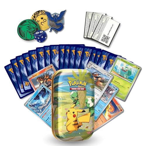 Pokemon Kartenset 50 Verschiedene, Originale, deutsche Karten, 5 Holo/Reverseholo Karten, 2 Goodies, 1 Mini-Tin Box (Alubox) zur idealen Aufbewahrung - händisch ausgewählte Sammelkarten von Platzmangel