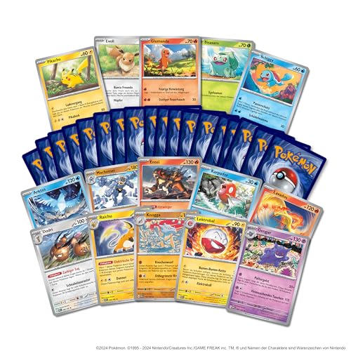 Pokemon Kartenset 50 Verschiedene Pokemon Karten, inkl. 10 Reverseholo Karten, eine zufällige Schiggy-, Bisasam-, Glumanda-, Evoli-, oder Pikachukarte (10 Holo (50 Karten) von Platzmangel