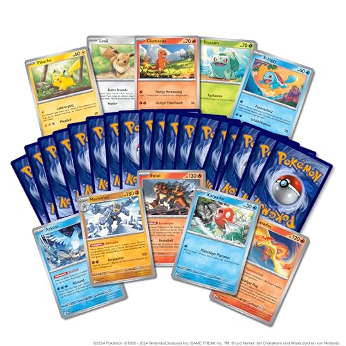 Pokemon Kartenset 50 Verschiedene Pokemon Karten, inkl. 5 Reverseholo Karten, eine zufällige Schiggy-, Bisasam-, Glumanda-, Evoli-, oder Pikachukarte (5 Holo (50 Karten) von Platzmangel