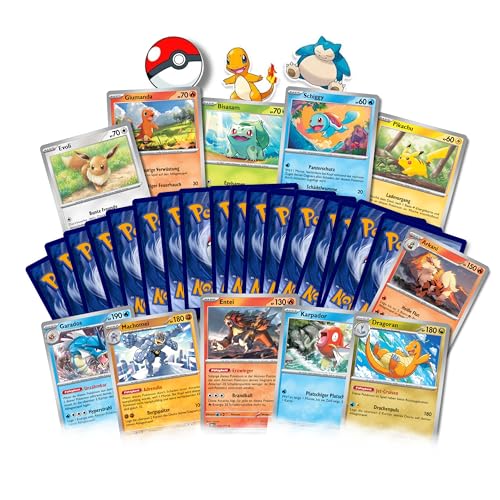 Platzmangel Pokemon Kartenset 50 Verschiedene Pokemon Karten inklusive 5 Holo Karten, eine beliebige, beliebte Pokemon Klassiker-Karte, inkl Pokemon Sticker (5 Holo (50 Karten)) von Platzmangel